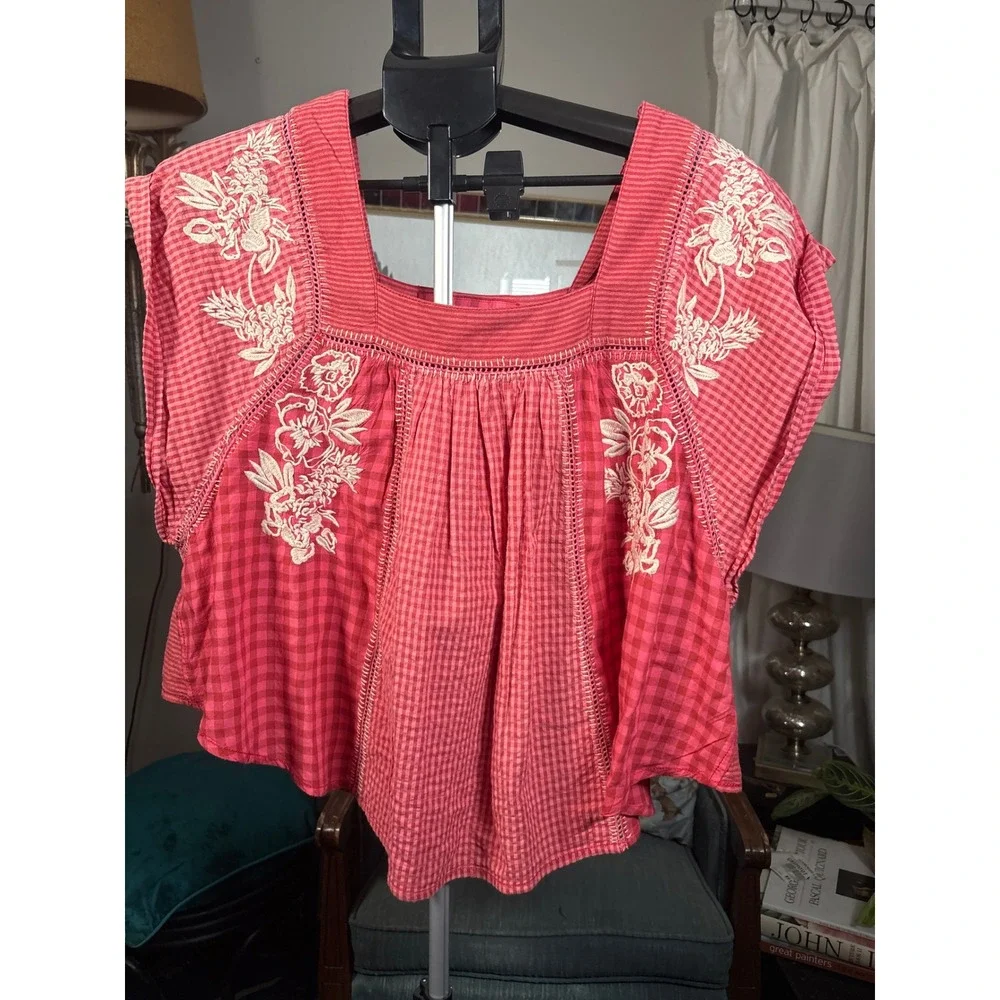 We The Free Free People Embroidered Boho Gingham Top Cotton Linen Blend M